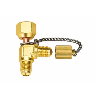 Adaptor în T pentru manometru TASCO TA382KF, cu racorduri de 1/4″ flare și capac cu lanț