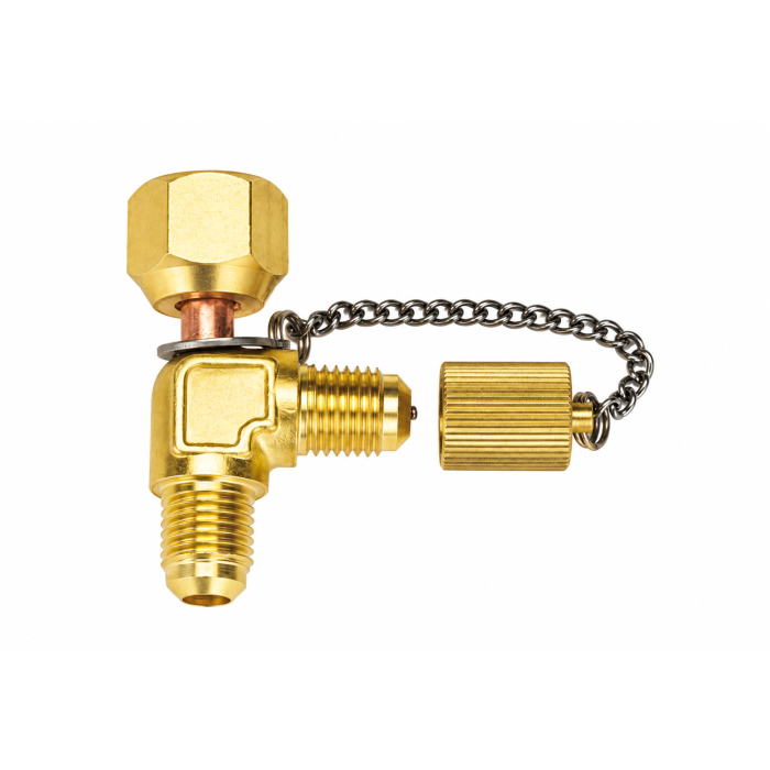 Adaptor în T pentru manometru TASCO TA382KF, cu racorduri de 1/4″ flare și capac cu lanț