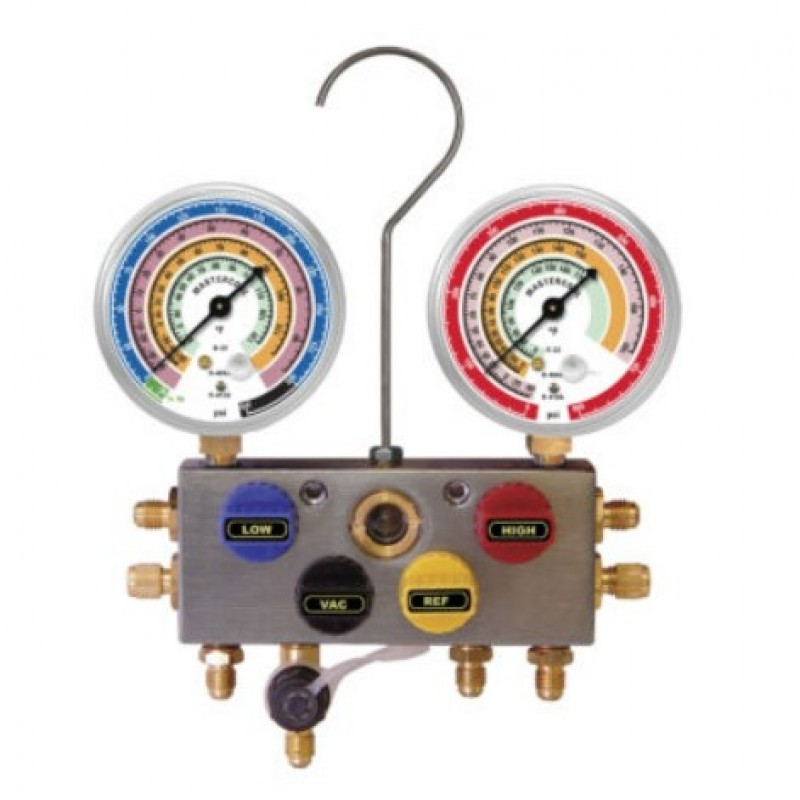 Mastercool R410A, R22, R404A COLECTOR DIN ALUMINIU CU 4 CĂI NUMAI CU MANOMETRI DE 2 1/2″