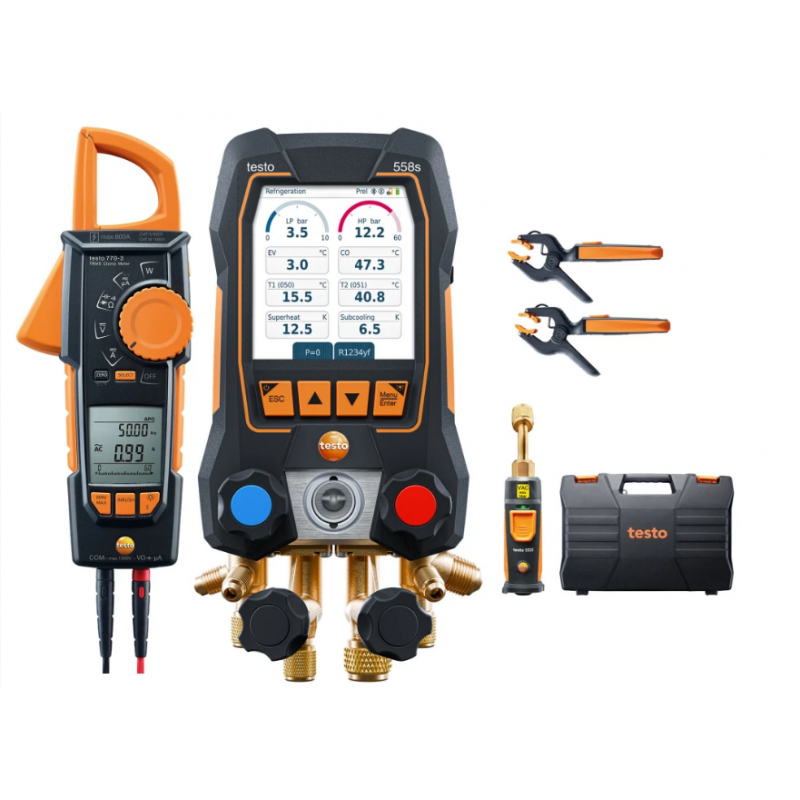Testo 558s Set Vacuum cu clește ampermetric - Manifold digital inteligent cu clește ampermetric și sonde wireless de temperatură și vacuum